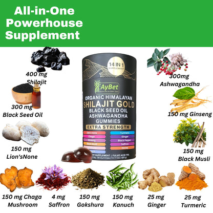AyBet Organic Himalayan Shilajit Gold Gummies for Men and Women, Black Seed Oil, Ashwagandha, Ginseng, Turmeric, Gokshura, Lion's None, Lab Tested,%75 Fulvic Acid, No Sugar Added, Halal, 90Gummy AyBetBuy Supplements Australia