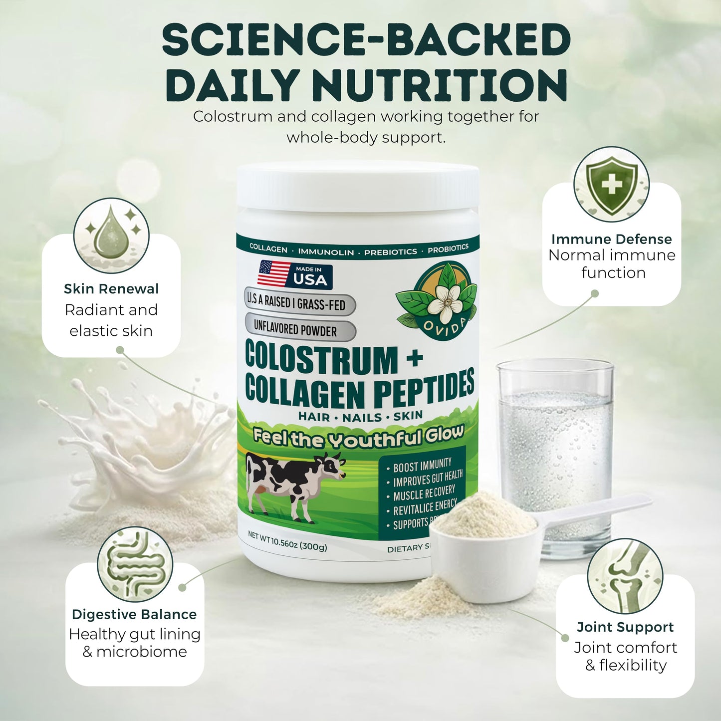 Bovine Colostrum and Hydrolyzed Collagen Peptides Powder Supplement for Women & Men - Supports Gut Health, Joint & Bone Health, Hair Skin Nails - Grass-Fed, Non-GMO, Gluten Free, 300g (30 Servings) OVIDABuy Supplements Australia