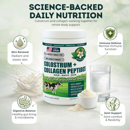 Bovine Colostrum and Hydrolyzed Collagen Peptides Powder Supplement for Women & Men - Supports Gut Health, Joint & Bone Health, Hair Skin Nails - Grass-Fed, Non-GMO, Gluten Free, 300g (30 Servings) OVIDABuy Supplements Australia