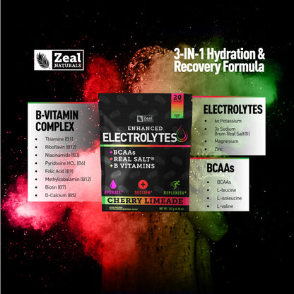 Enhanced Powder Stick Packs (Cherry Limeade- 20 Packets) Sugar Free + BCAA B Zeal NaturalsBuy Supplements Australia