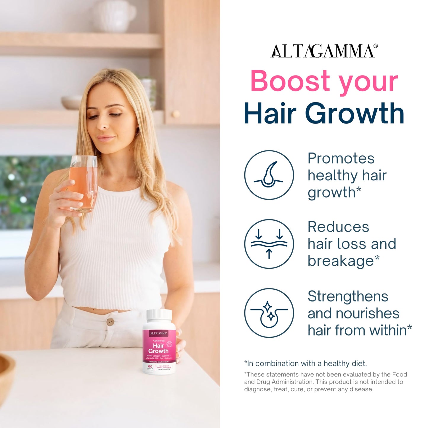 ALTAGAMMA Hair Growth Supplements - Nourishes Thinning, Strengthen Nails & Skin & Combat Hair Loss - Hair Growth Vitamins for Women & Men with Marine Collagen Peptides, 60 Capsules | 30 Day Supply ALTAGAMMABuy Supplements Australia