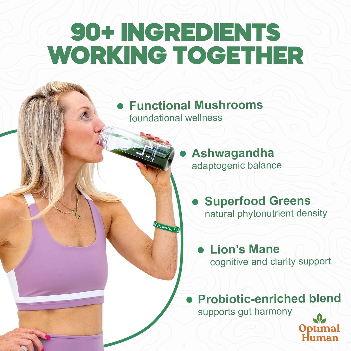 Optimal Human Superfood Greens Powder – 90+ Ingredient Blend with Lion’s Mane Supplement, Ashwagandha & Turmeric O H