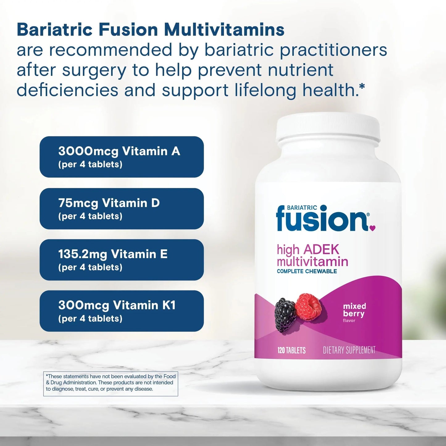Bariatric Fusion Chewable Multivitamin with High ADEK Vitamins | Multi for Duodenal Switch Patients | Mixed Berry Flavored Tablets | Bariatric Fusion
