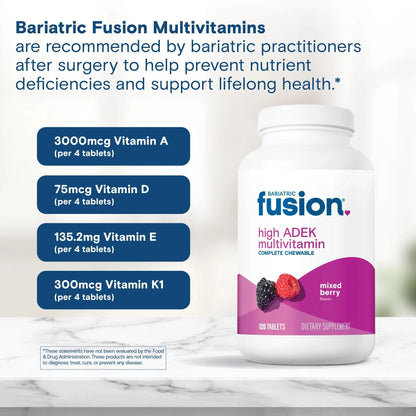 Bariatric Fusion Chewable Multivitamin with High ADEK Vitamins | Multi for Duodenal Switch Patients | Mixed Berry Flavored Tablets | Bariatric Fusion