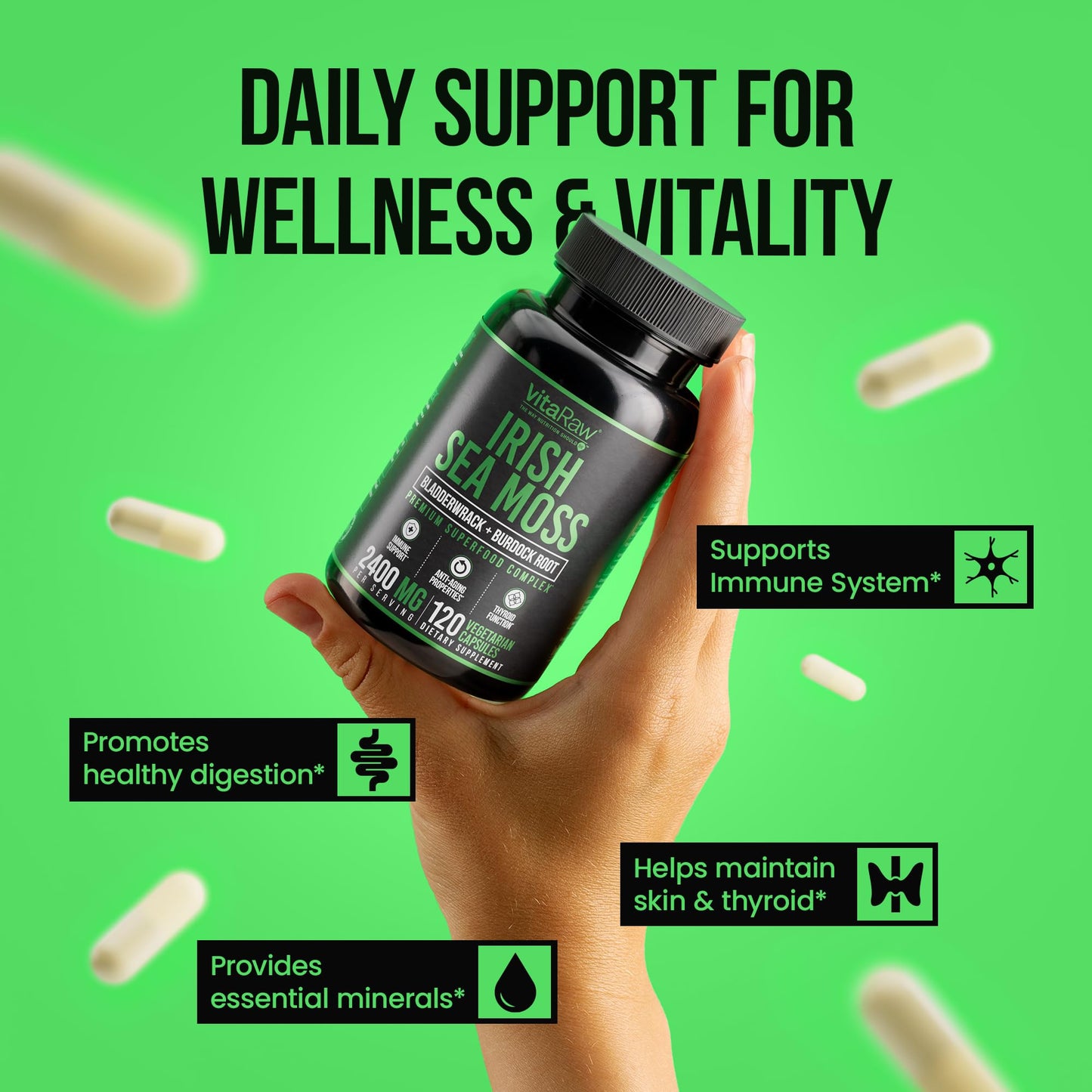 VitaRaw Organic Irish Sea Moss Capsules 2400 mg - Burdock Root and Bladderwrack Powder Real Seamoss Pills for Immune Support, Joint and Gut Health Help - Raw Sea Moss Advanced Herbal Supplement VitaRawBuy Supplements Australia
