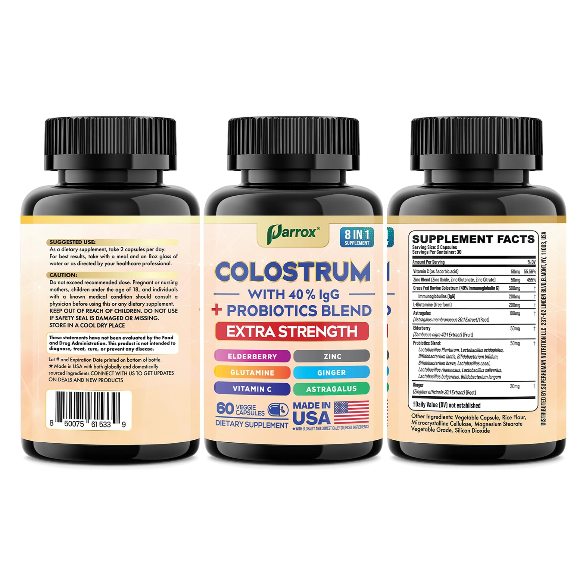 Parrox Colostrum Supplement Capsules, Grass Fed Cow Colostrum with 40% IgG, Probiotics Blend, Elderberry, Astragalus, Zinc, Ginger, Vitamin C, L-Glutamine, 8 in 1 Extra Strength Bovine Boost (60 Caps) ParroxBuy Supplements Australia