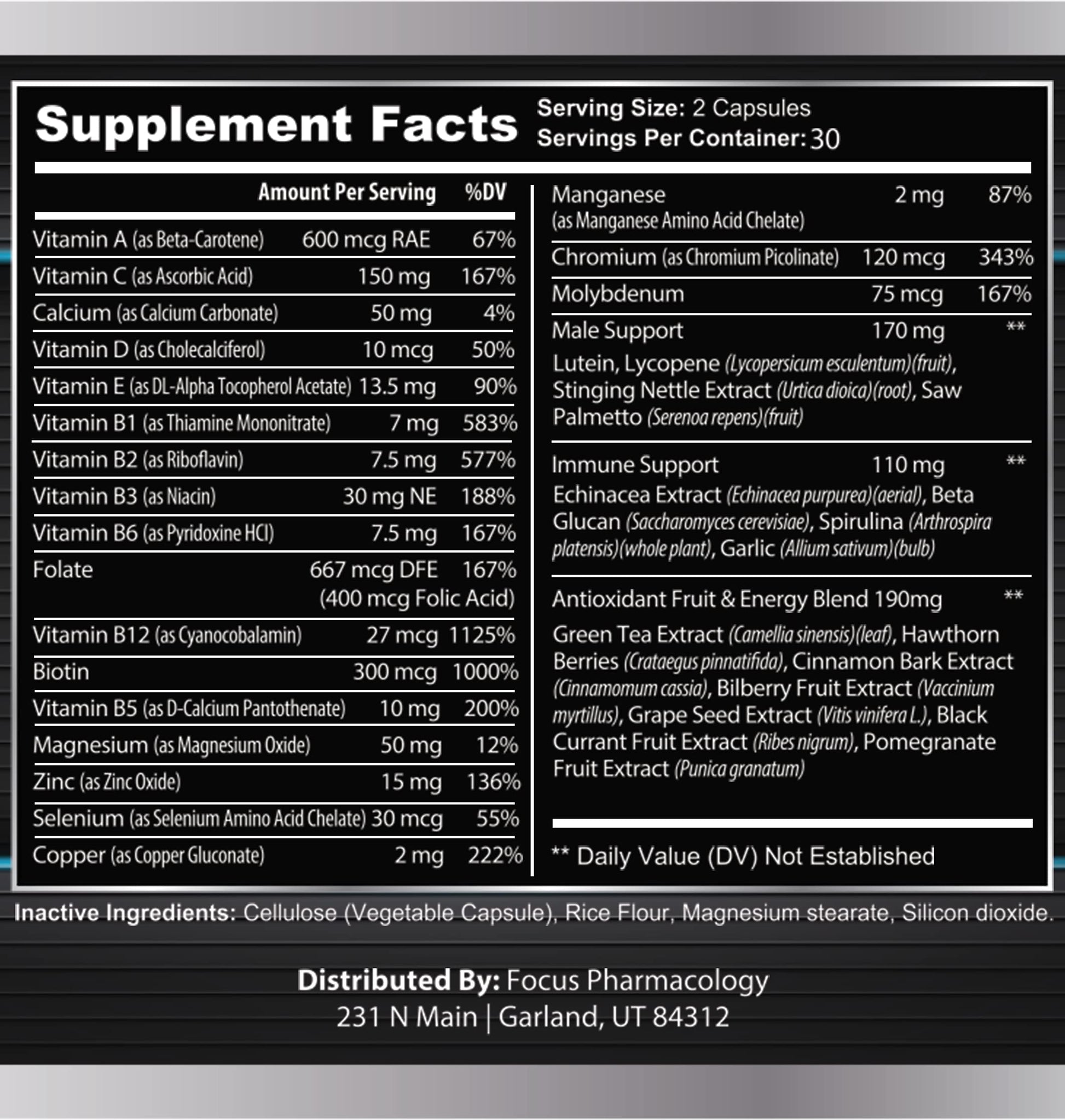 Focus Pharmacology Men's Daily Super Multi-Vitamin for Men - 60 Ct Blend of Vitamins, Minerals, Plus Herbs for Prostate Health and General Energy/Focus Focus PharmacologyBuy Supplements Australia