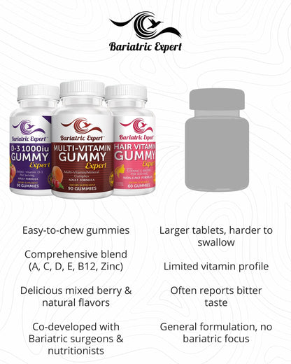 Bariatric Multivitamin 3 Pack, Multivitamin Gummy 90 Chews. - D3 Gummies 90 Chew - Hair Vitamin Gummy 60 Chews. Bariatric Food Expert