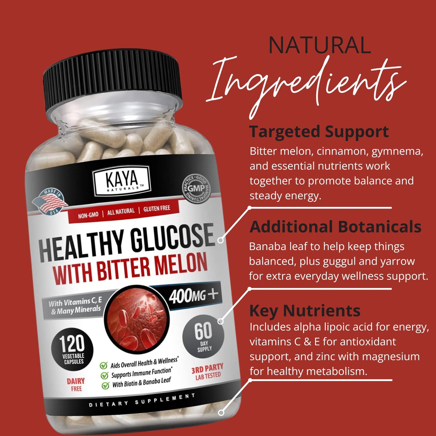 Kaya Naturals Healthy Gluco with Bittermelon Supplement | Support Healthy Levels and Function, 20 Herbs Vitamins and Minerals, Alpha Lipoic Acide, Cinnamon, Vitamin C & E, Non-GMO (120 Count) Kaya NaturalsBuy Supplements Australia