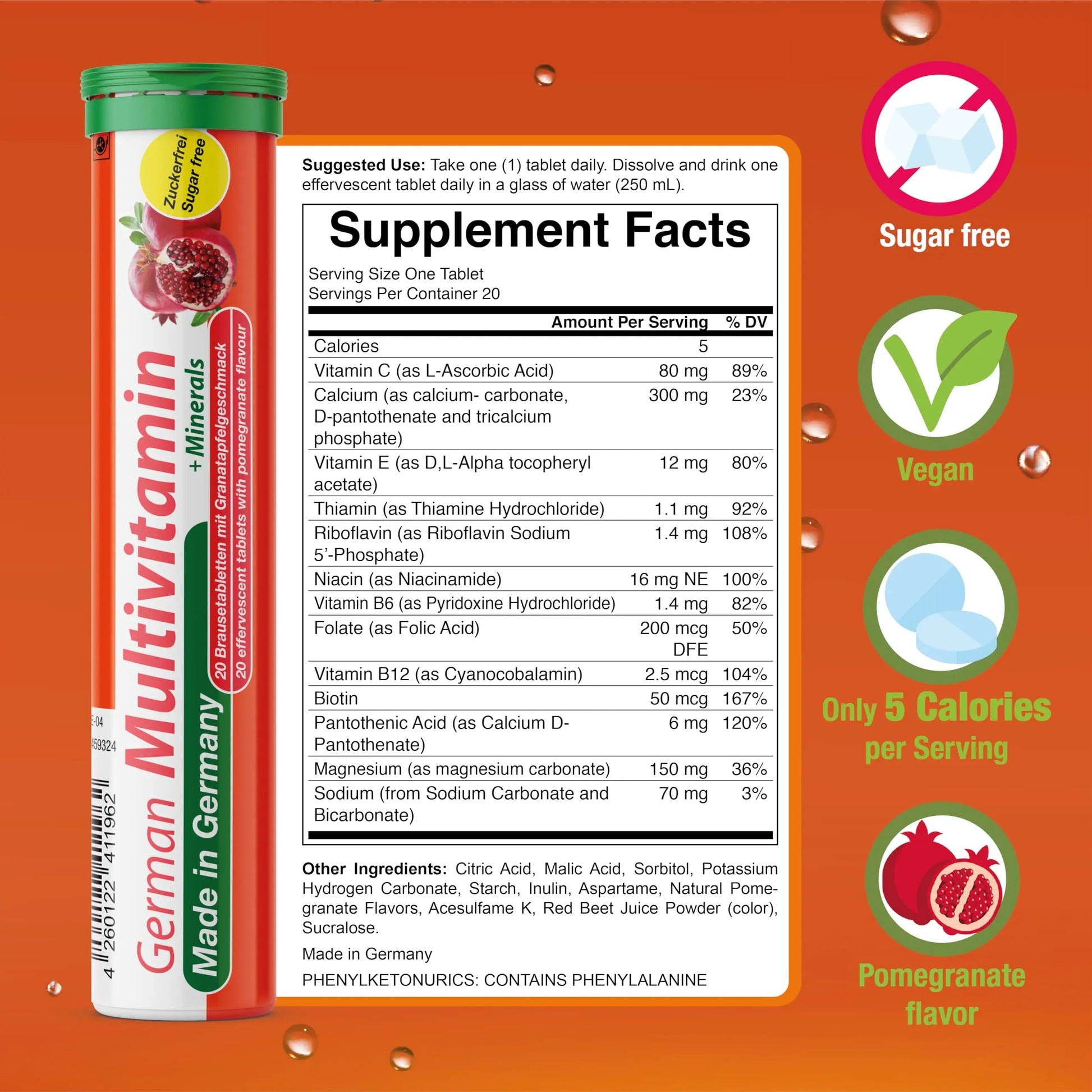 T&D German Multivitamin + Mineralien Drink Effervescent Tablets 140 Servings Pomegranate Flavour – 10 Vitamins + 2 Minerals T&DBuy Supplements Australia