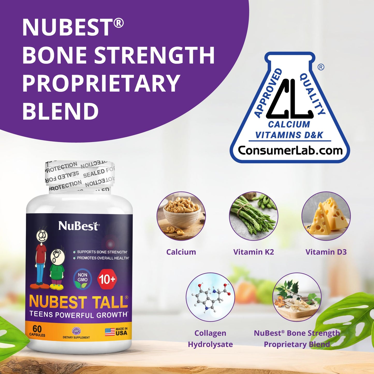 NuBest Tall 10+ Premium Bone Strength Formula, Enhanced Immunity and Overall Health for Age 10+ with Calcium, Vitamin D3, Vitamin K2