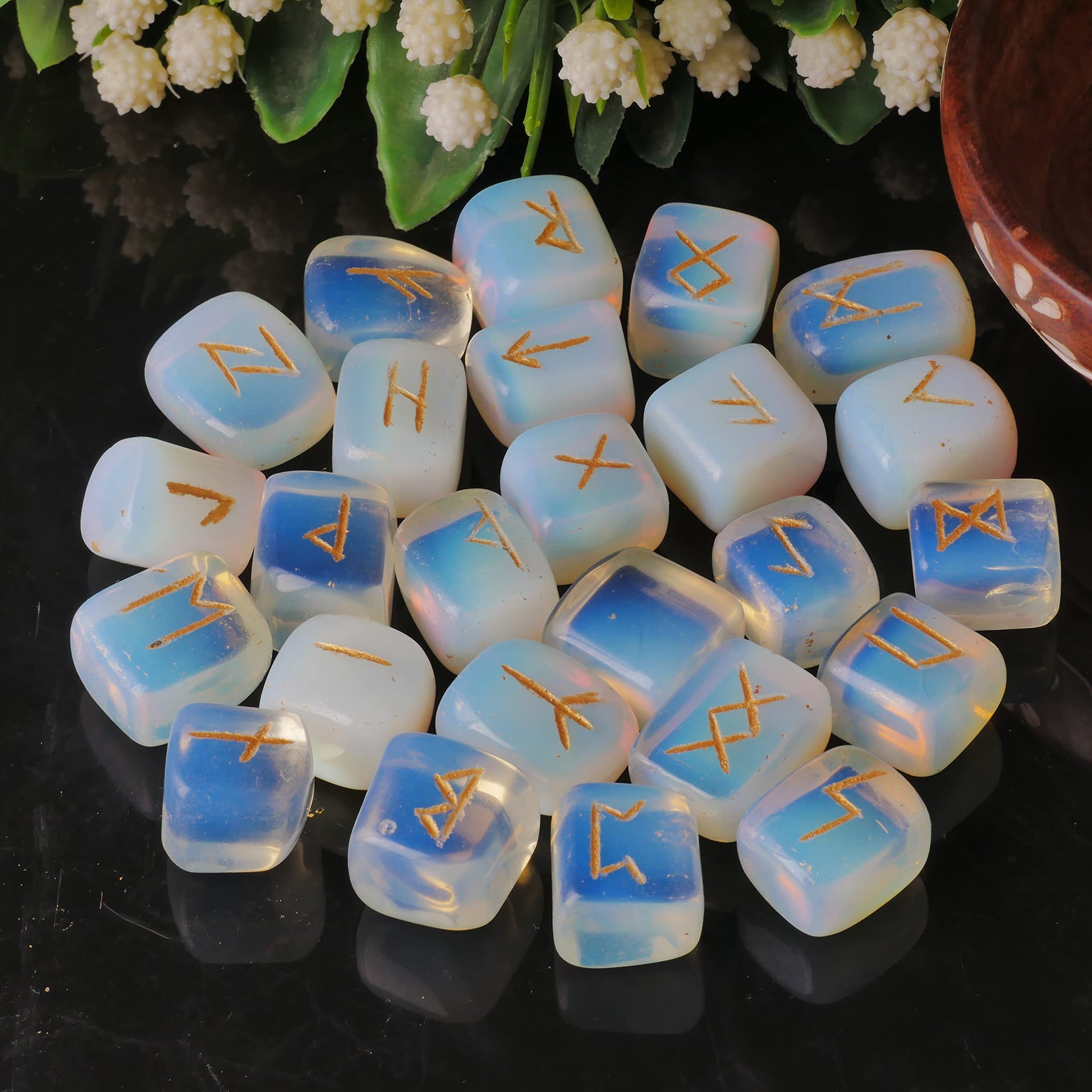 Opalite Rune Stone - Rune Set - Engraved Elder Futhark Alphabet Symbols - Witchcraft Crystals QUIPSABuy Supplements Australia