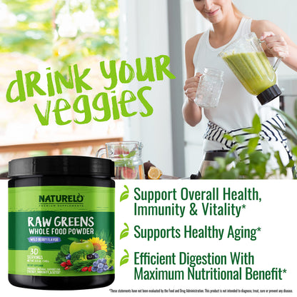 NATURELO Raw Greens Superfood Powder - Wild Berry Flavor - Boost Ener