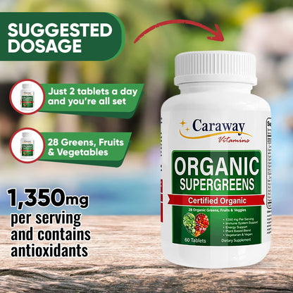Organic Superfoods Vitamins Super Greens Complex by Caraway Vitamins 1,350 mg per Serving 28 Fruits Vegetables Greens 60 Count Tablets Non-GMO Natural for Men & Women Caraway VitaminsBuy Supplements Australia