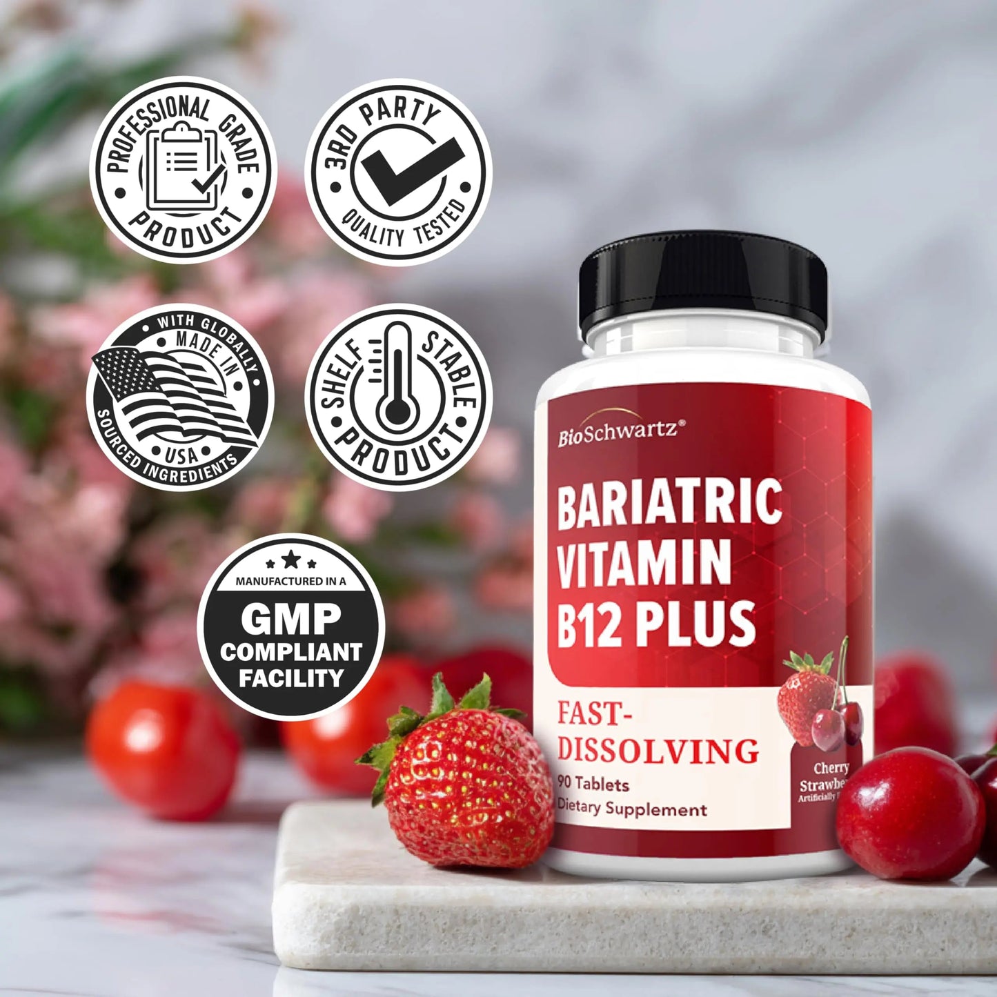 BioSchwartz Bariatric B12 Plus Dissolvable Tablets - 1000mcg Vitamin B12, Vitamin B6, Folate, Biotin - Cherry Strawberry Flavor BioSchwartz