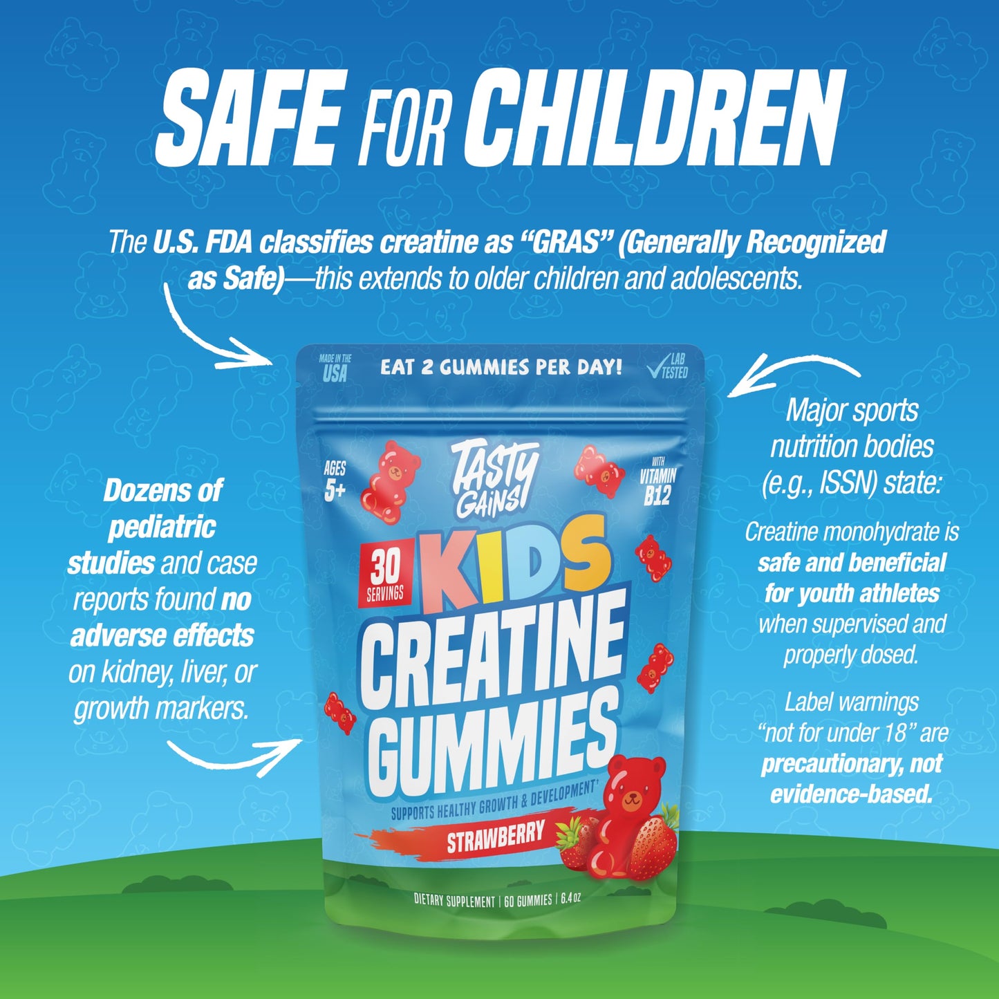 TASTY GAINS Kids & Teen Creatine Gummies with Vitamin B12 for Growth Support, Easy Chew Daily Supplement, Gummy Vitamins for Kids and Teens, Ages 5+ TASTY GAINSBuy Supplements Australia