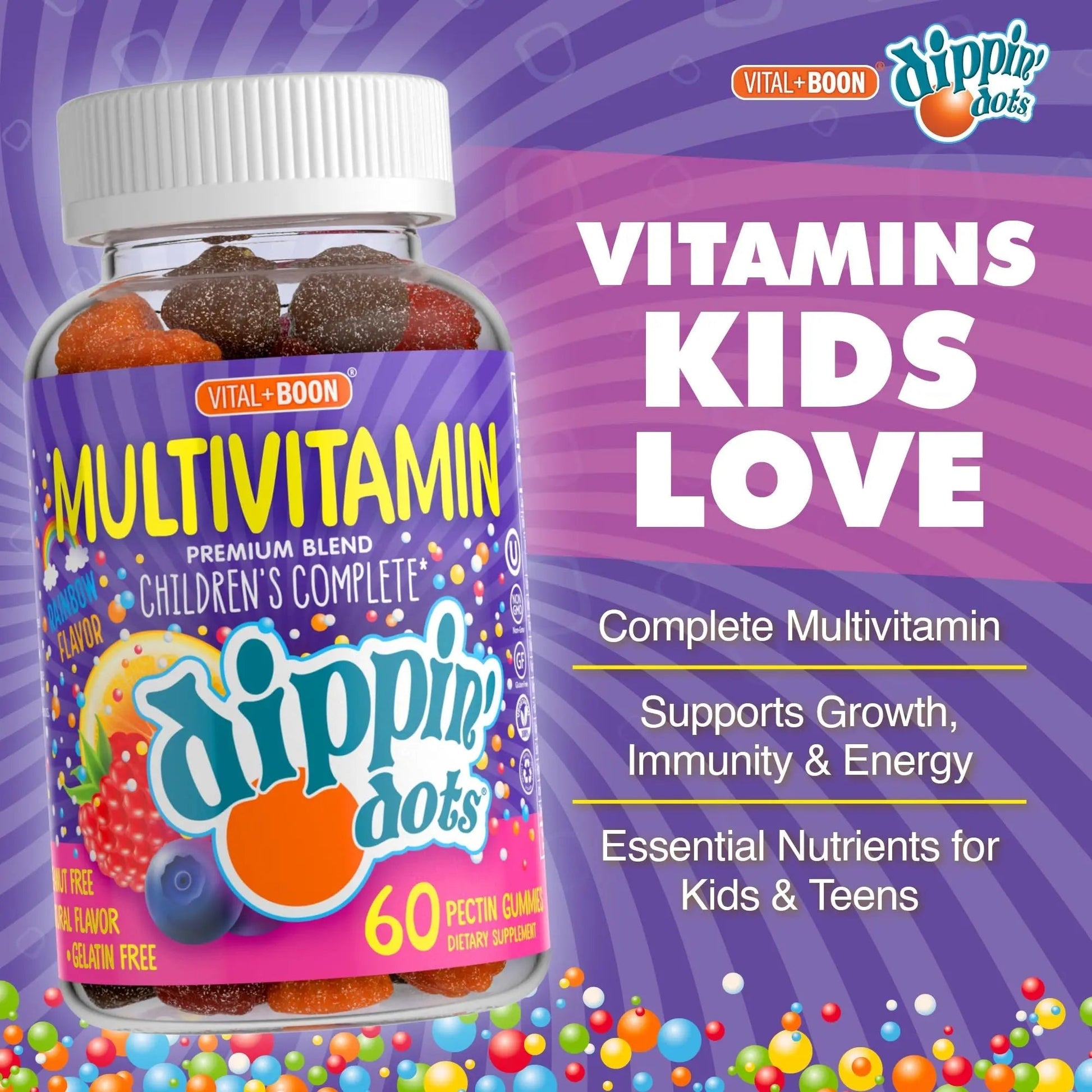Dippin' Dots - Multivitamin Gummies for Kids Rainbow Fruit Flavor Complete Multivitamin Chewy Gummies Vitamin A, B, C, D3, E, B6, Zinc - 60 Count Vital+Boon