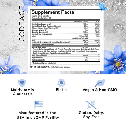 Codeage Biotin Supplement with Vitamin C, Vitamin E, Vitamin B6, Niacin, Folate, Organic Food Blend, Phytoceramides, Astaxanthin, Selenium - Beauty Tonic - Hair, Skin, and Nail Support - Vegan, 90 Ct CodeageBuy Supplements Australia