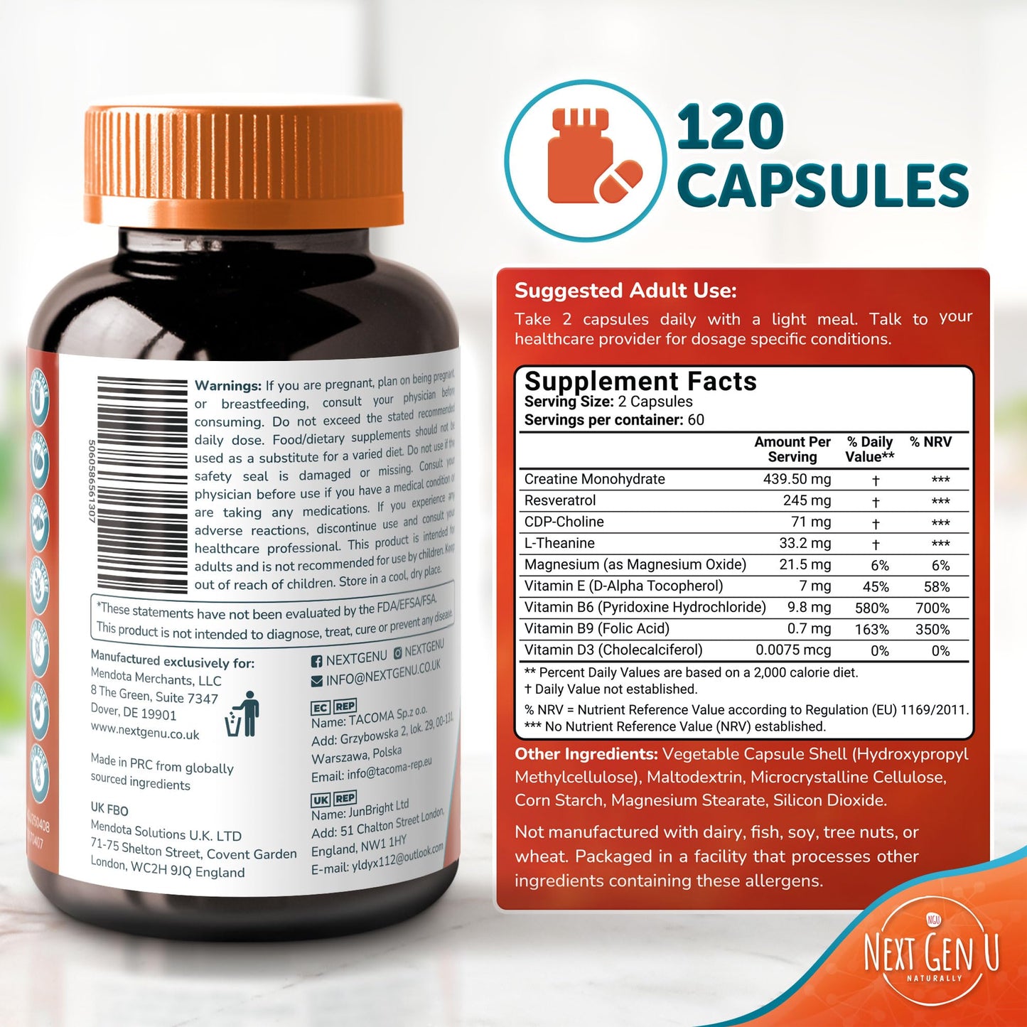 Brain Supplement - 120 Vegan Capsules - Dietary Nootropic May Help Memory, Cognitive Function & Focus - Formulation with Amino Acids, Polyphenols & B Vitamins - for Women, Men & Seniors - by NextGenU NGU Next Gen UBuy Supplements Australia
