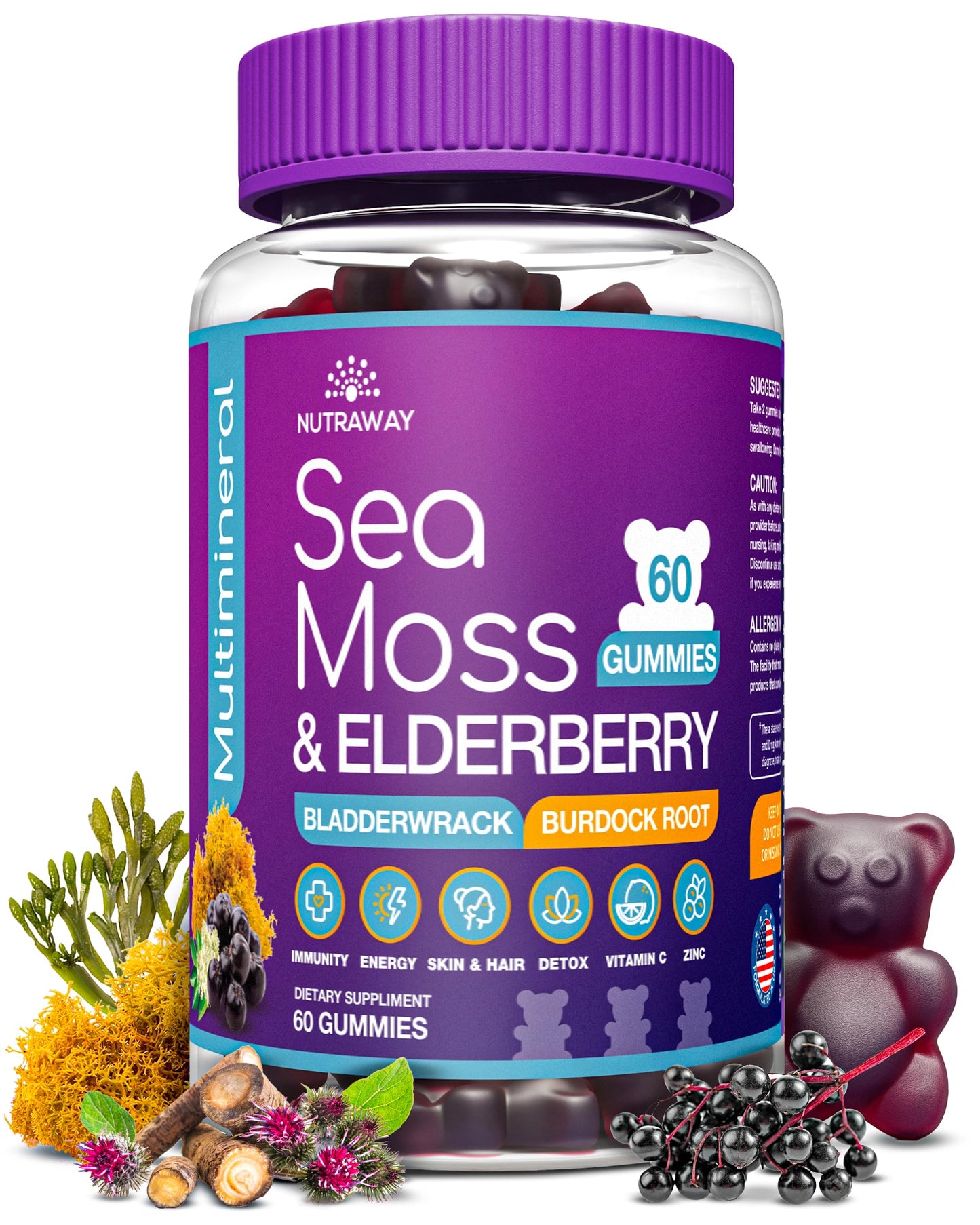 NUTRAWAY LABS Sea Moss Gummies with Elderberry, Vitamin C & Zinc - 102 Minerals from Irish Sea Moss, Bladderwrack & Burdock Root for Immune Support - Vegan Seamoss Supplement (Pack of 1) NUTRAWAY LABSBuy Supplements Australia