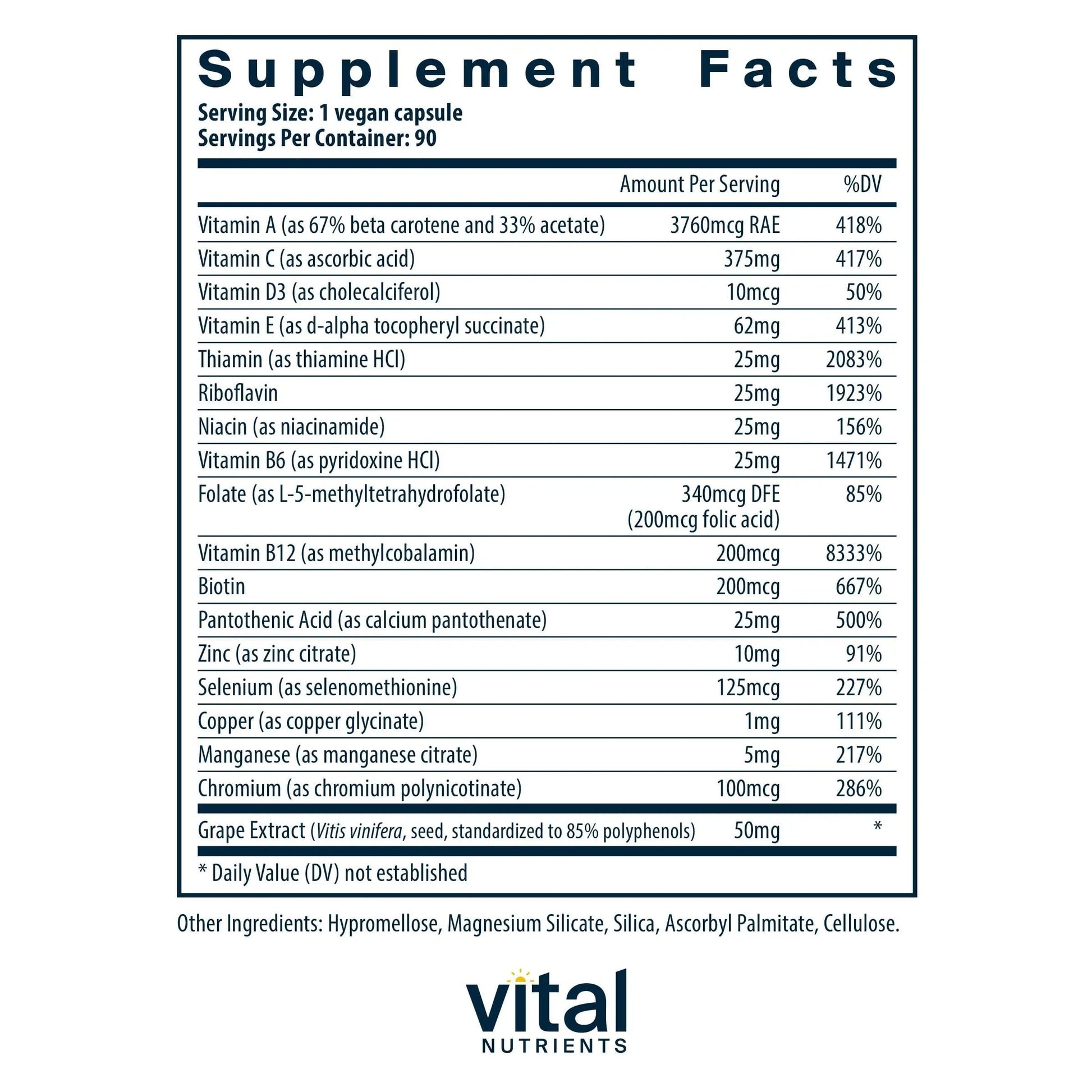 Vital Nutrients Minimal and Essential Multivitamin | Vegetarian One per Day Multi Vitamin, Mineral, & Antioxidant Supplement* | Vital Nutrients