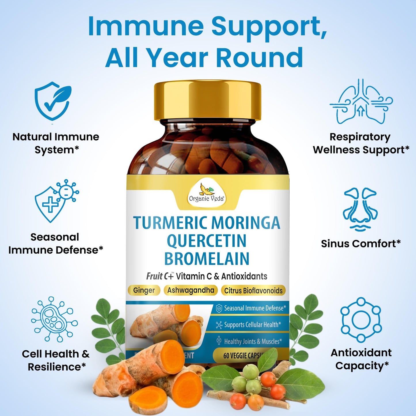 Organic Veda Turmeric Moringa Quercetin with Bromelain Capsules - Fruit C+ Vitamin C Antioxidants Immune System & Respiratory Supplement - Ashwagandha, Ginger, Citrus Bioflavonoids, 60 Vegan Capsule Organic VedaBuy Supplements Australia