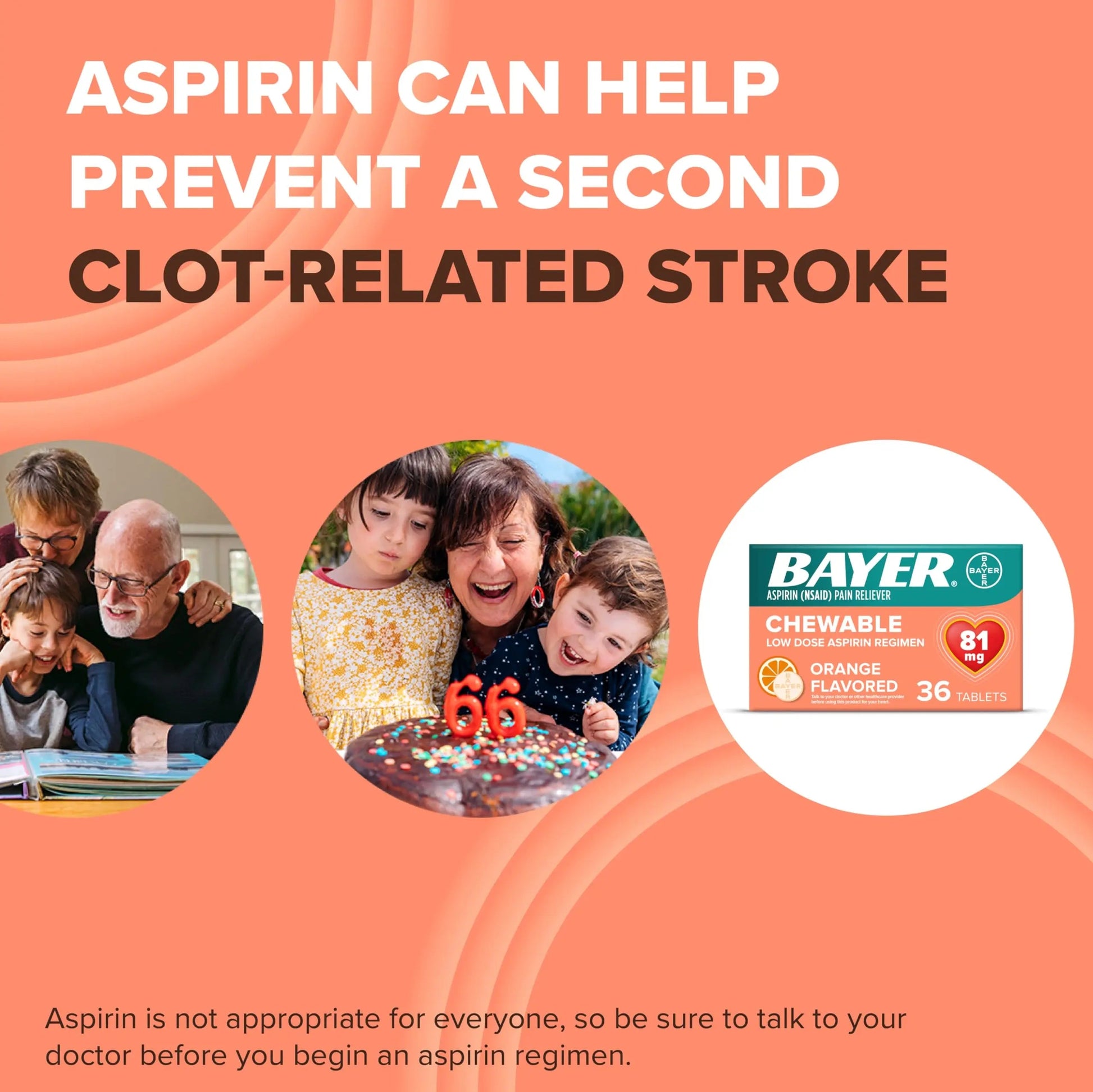 Bayer Aspirin Low Dose 81 mg Chewable Tablets, Pain Reliever, Orange Flavored, 216 Tablets (6 Pack) BayerBuy Supplements Australia
