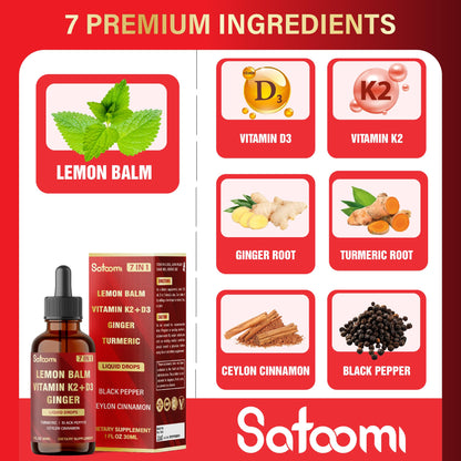 Satoomi 7in1 Lemon Balm Tincture with Vitamin D3, Vitamin K2, Ginger Root, Turmeric, Ceylon Cinnamon and Black Pepper - 1 FL Oz - 60 Day Supply SatoomiBuy Supplements Australia