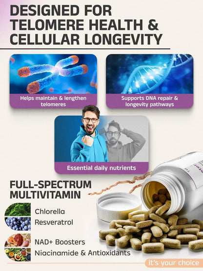Telovite Daily Multivitamin for Men & Women – Telomere & Cellular Health Support – High Potency Vitamins A, D, E, C, B-Complex Eternity Medicine Rx