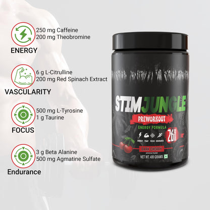 STIMJungle Essential Preworkout •Insane Energy •6G L-Citrulline •3G Beta Alanine •Tongkat Ali •Caffeine •Theobromine