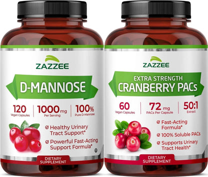Zazzee Ultimate Urinary Tract Support Bundle | Super Concentrated Proanthocyanidin Cranberry Extract Capsules Plus D-Mannose 1000mg Capsules for UT & Bladder Cleansing (60 Servings Each) ZazzeeBuy Supplements Australia