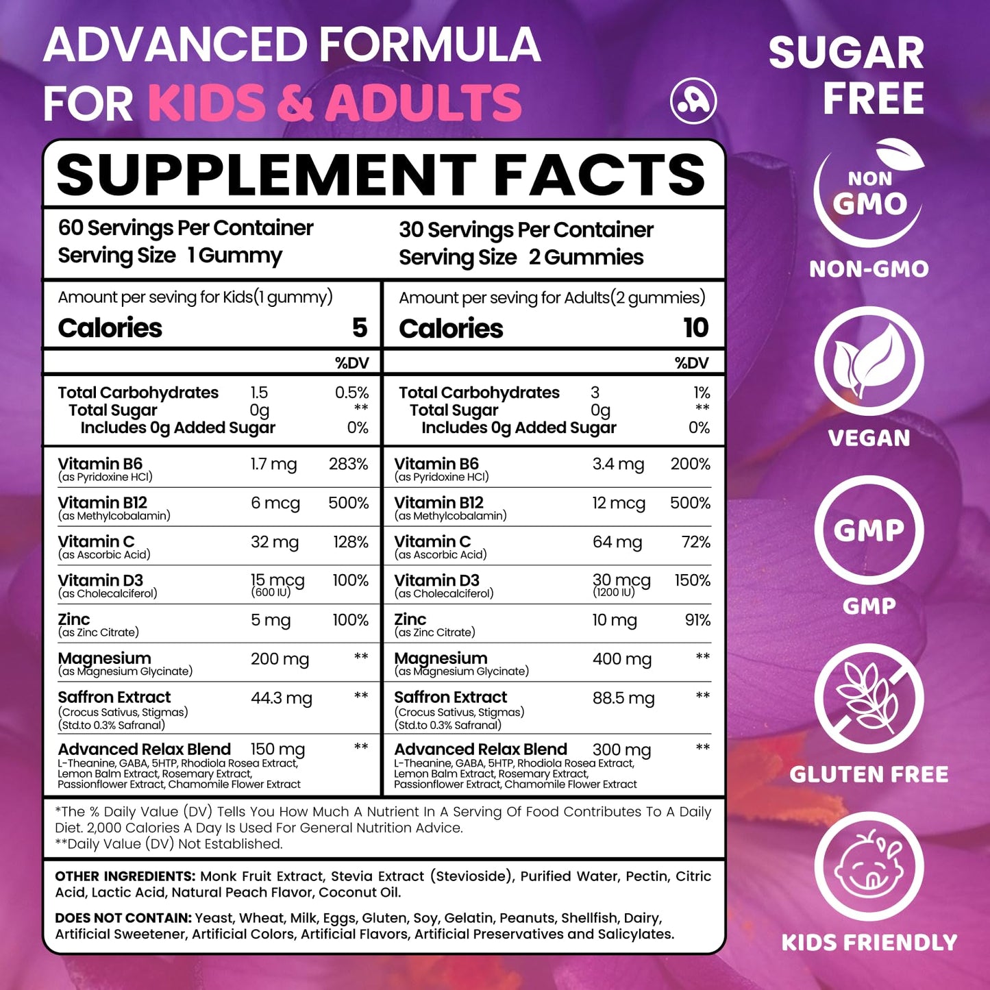 Saffron Gummies for Kids Adults 88.5mg, 15-in-1 Saffron Supplements for Kids, with B6, B12, C, D3, Magnesium Glycinate, Zinc for Nerve, Rest, Focus, Sugar Free, Vegan, Non- GMO, Peach Flavor, 60 Count Aube'AzurBuy Supplements Australia