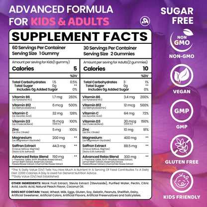 Saffron Gummies for Kids Adults 88.5mg, 15-in-1 Saffron Supplements for Kids, with B6, B12, C, D3, Magnesium Glycinate, Zinc for Nerve, Rest, Focus, Sugar Free, Vegan, Non- GMO, Peach Flavor, 60 Count Aube'AzurBuy Supplements Australia