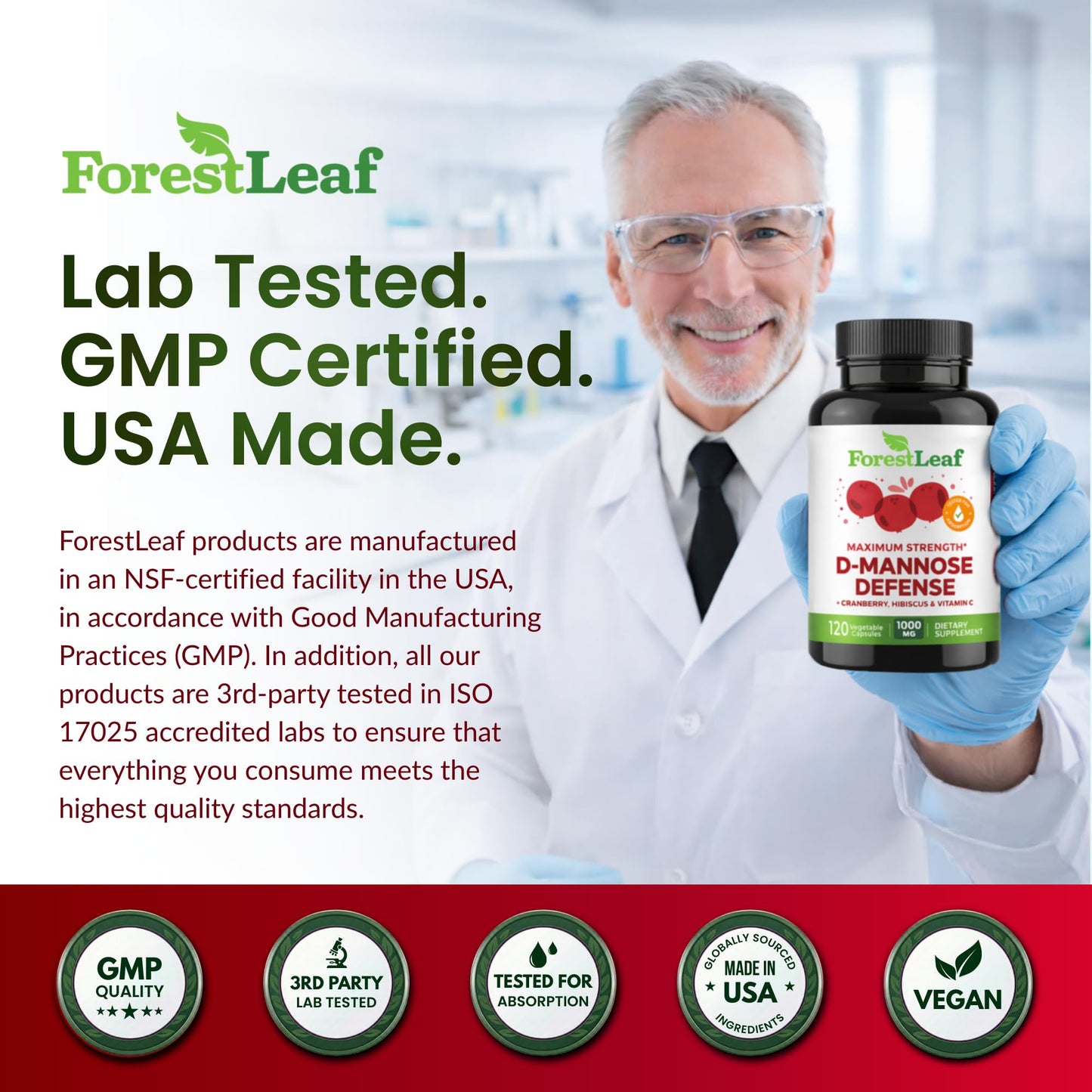 ForestLeaf D Mannose Supplements for Women & Men - D-Mannose 1000mg Capsules with Cranberry, Hibiscus & VIT C - DMannose Pills for UTI