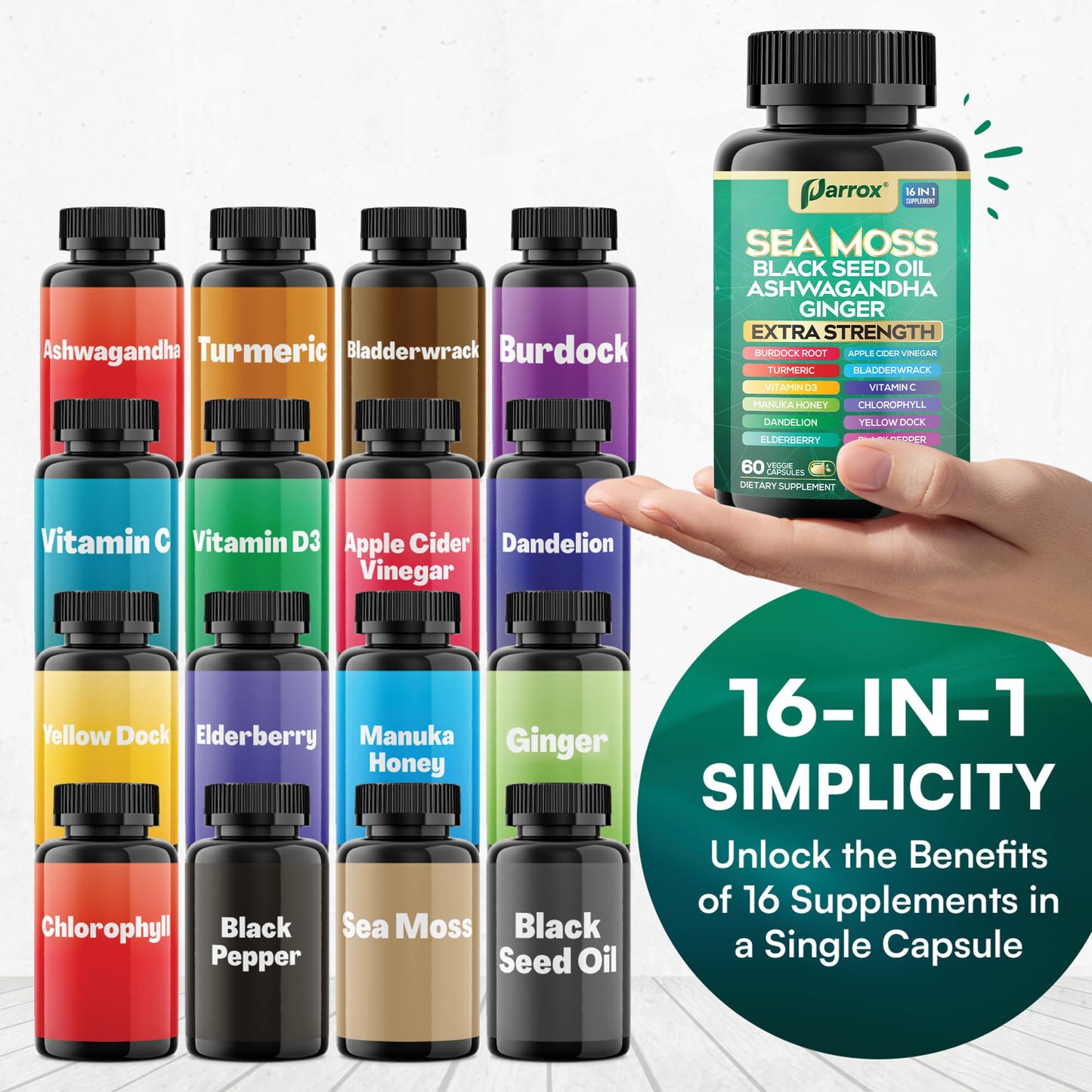 Parrox Sea Moss, Black Seed Oil, Ashwagandha, Turmeric, Chlorophyll, Dandelion, Ginger, Vitamin D3, Black Pepper, Elderberry, ACV, Yellow Dock, Burdock Root, Manuka, Vitamin C, Bladderwrack (60 Caps) ParroxBuy Supplements Australia
