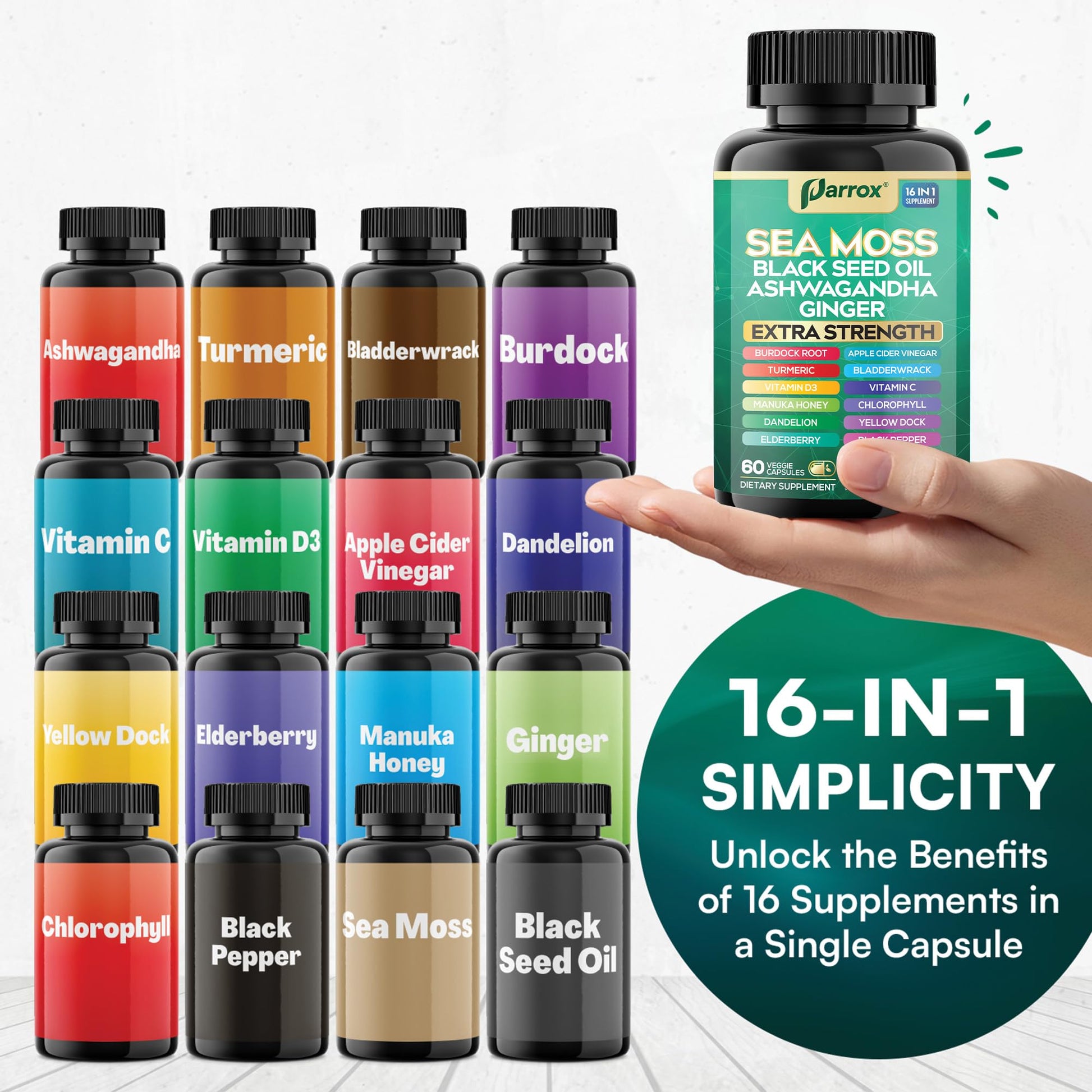 Parrox Sea Moss, Black Seed Oil, Ashwagandha, Turmeric, Chlorophyll, Dandelion, Ginger, Vitamin D3, Black Pepper, Elderberry, ACV, Yellow Dock, Burdock Root, Manuka, Vitamin C, Bladderwrack (60 Caps) ParroxBuy Supplements Australia