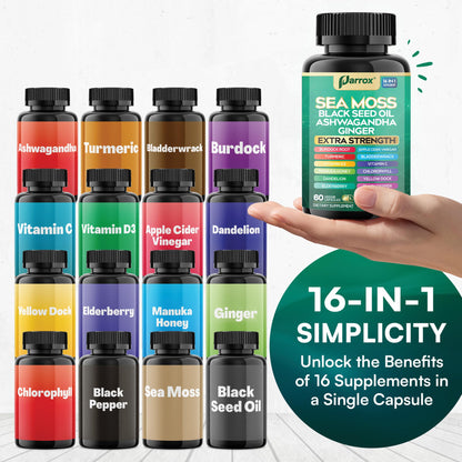 Parrox Sea Moss, Black Seed Oil, Ashwagandha, Turmeric, Chlorophyll, Dandelion, Ginger, Vitamin D3, Black Pepper, Elderberry, ACV, Yellow Dock, Burdock Root, Manuka, Vitamin C, Bladderwrack (60 Caps) ParroxBuy Supplements Australia
