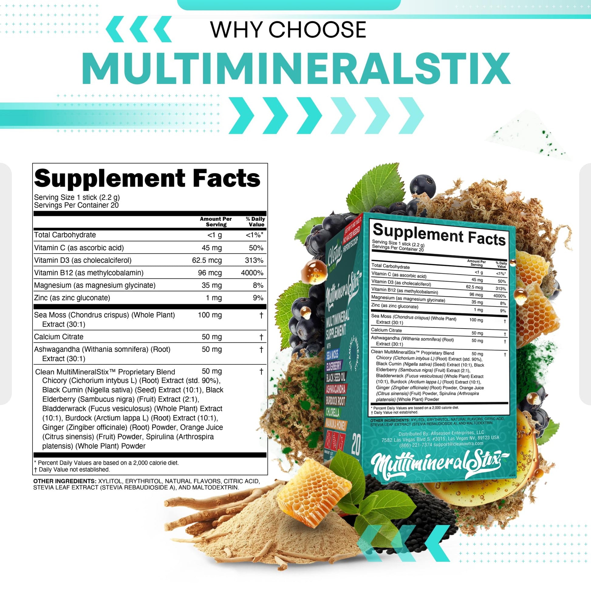 Sea Moss Powder Elderberry Ashwagandha Chlorella Manuka Honey VitaminD3 Vitamin C Zinc Spirulina Iodine Greens Detox Immune Support Sugar Free Hydration Powder Drink Mix – 20 Sticks Clean NutraceuticalsBuy Supplements Australia