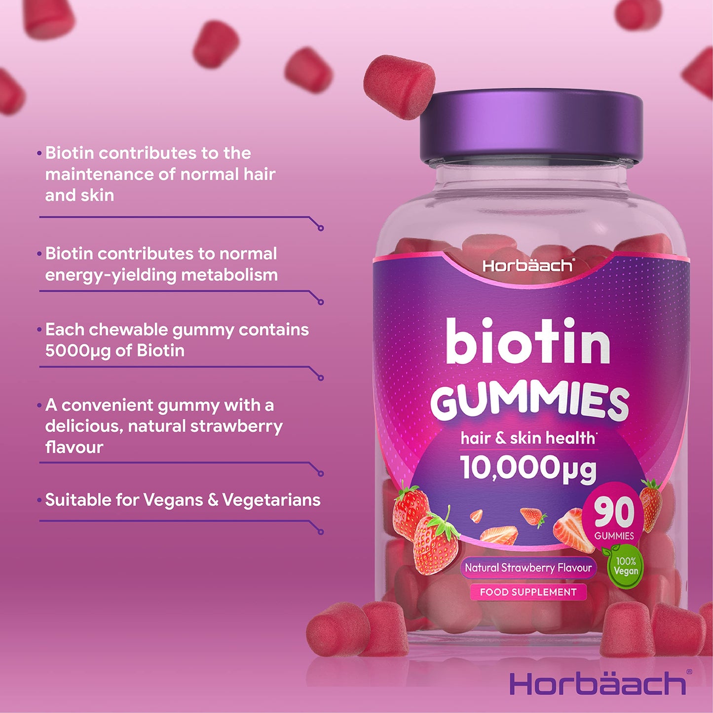 Biotin Gummies 10,000mcg | 90 Vegan Vitamins | Natural Strawberry Flavour HorbäachBuy Supplements Australia