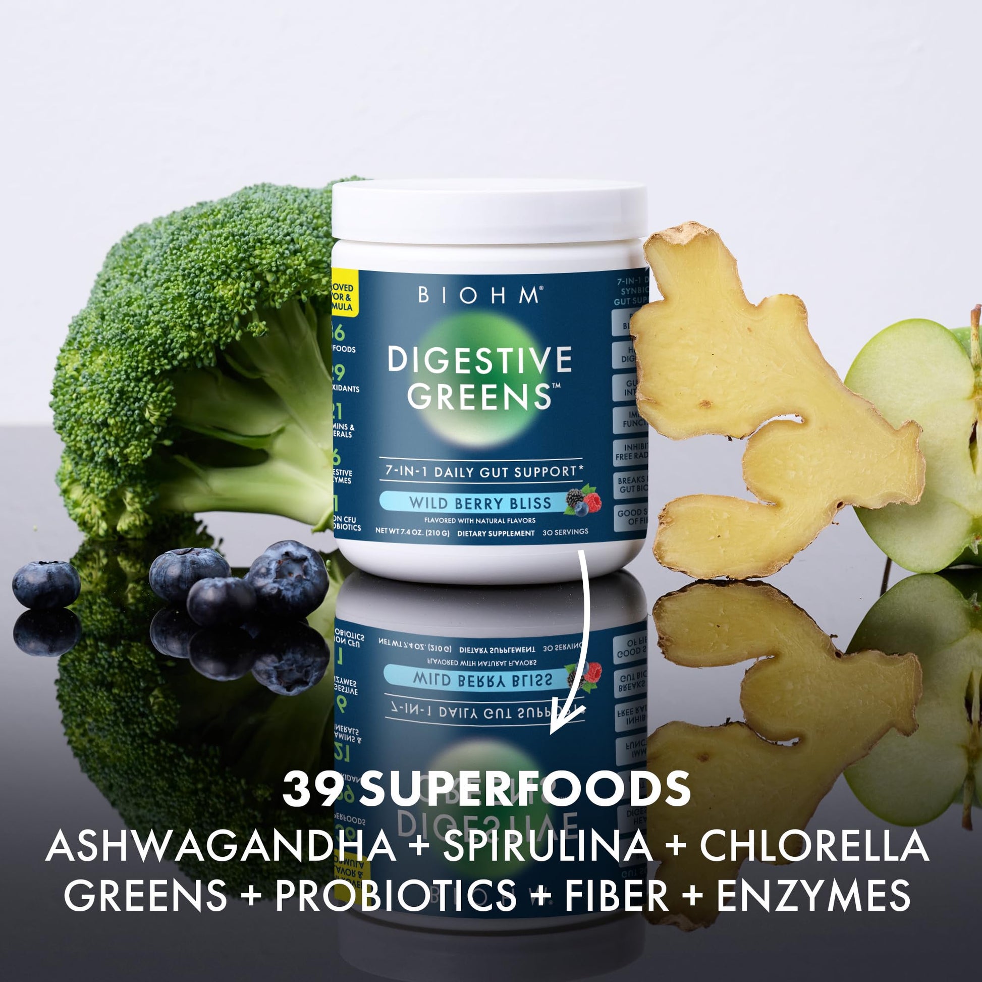 BIOHM Digestive Greens, Green Superfood Powder (7.4 Oz, 30 Servings) Immune & Gut Health Support with Antioxidants, Vitamins, Probiotics & Enzymes, Good Source of Fiber, Berry Flavor BIOHMBuy Supplements Australia
