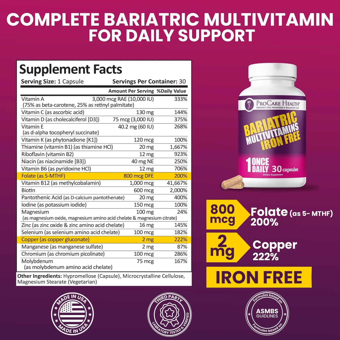 Procare Health Bariatric Multivitamin with Iron Free (30 Fast Dissolving Veggie Capsule) - Bariatric Vitamins for Gastric Sleeve & Gastric Bypass ProCare HealthBuy Supplements Australia