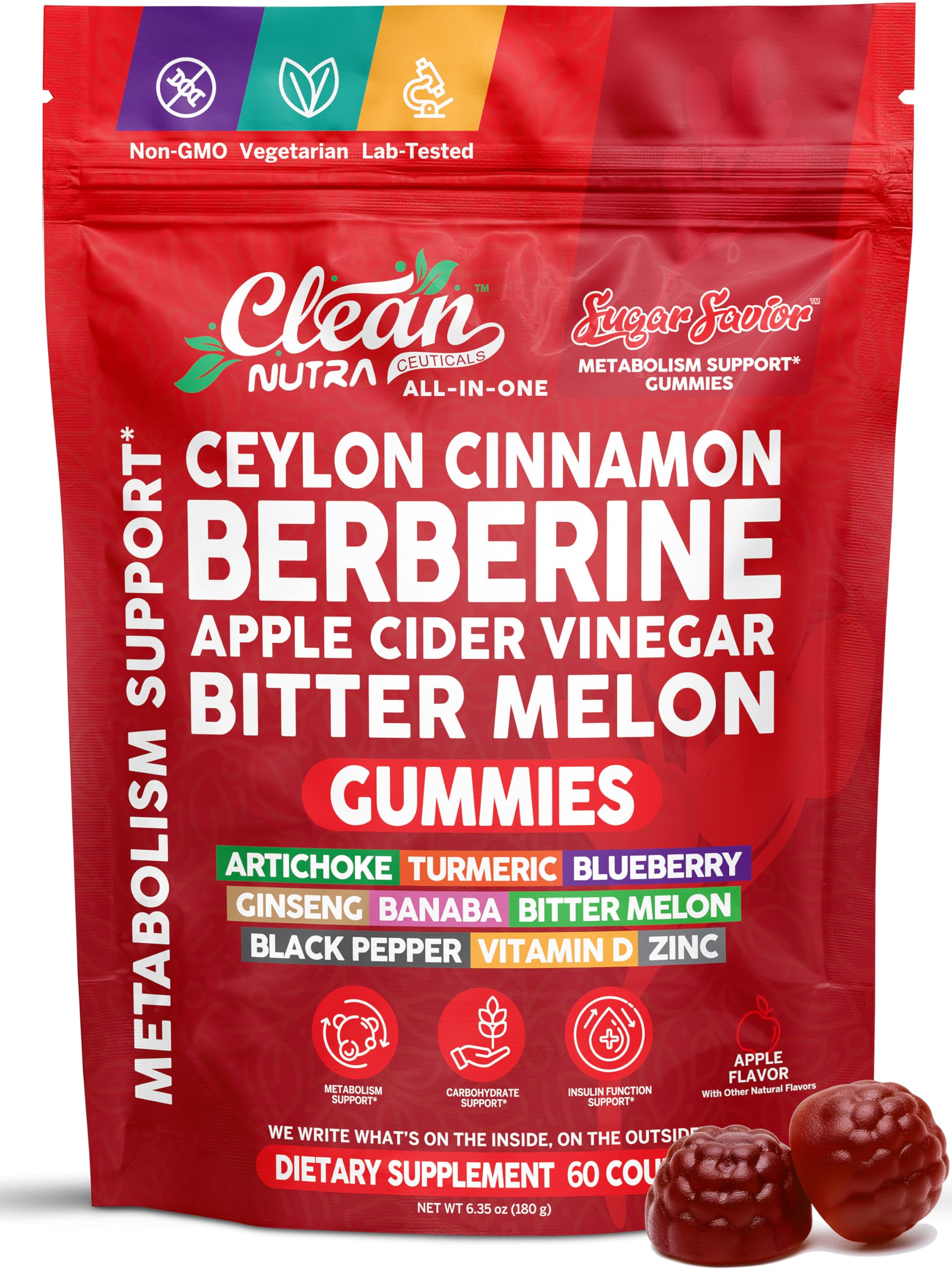 Sugar Savior Ceylon Cinnamon Berberine Gummies Apple Cider Vinegar Artichoke Turmeric Blueberry Ginseng Banaba Bitter Melon Black Pepper Vitamin D Zinc GLP1 Gummies 60 Count by Clean Nutra Clean NutraceuticalsBuy Supplements Australia