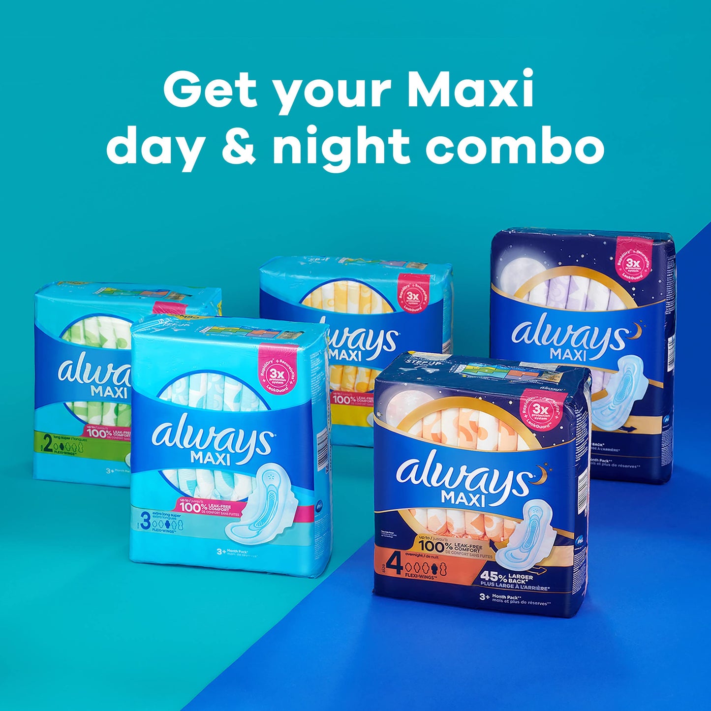 Always Maxi Feminine Pads For Women, Size 2 Long Super Absorbency, With Wings, Unscented, 60 Count AlwaysBuy Supplements Australia
