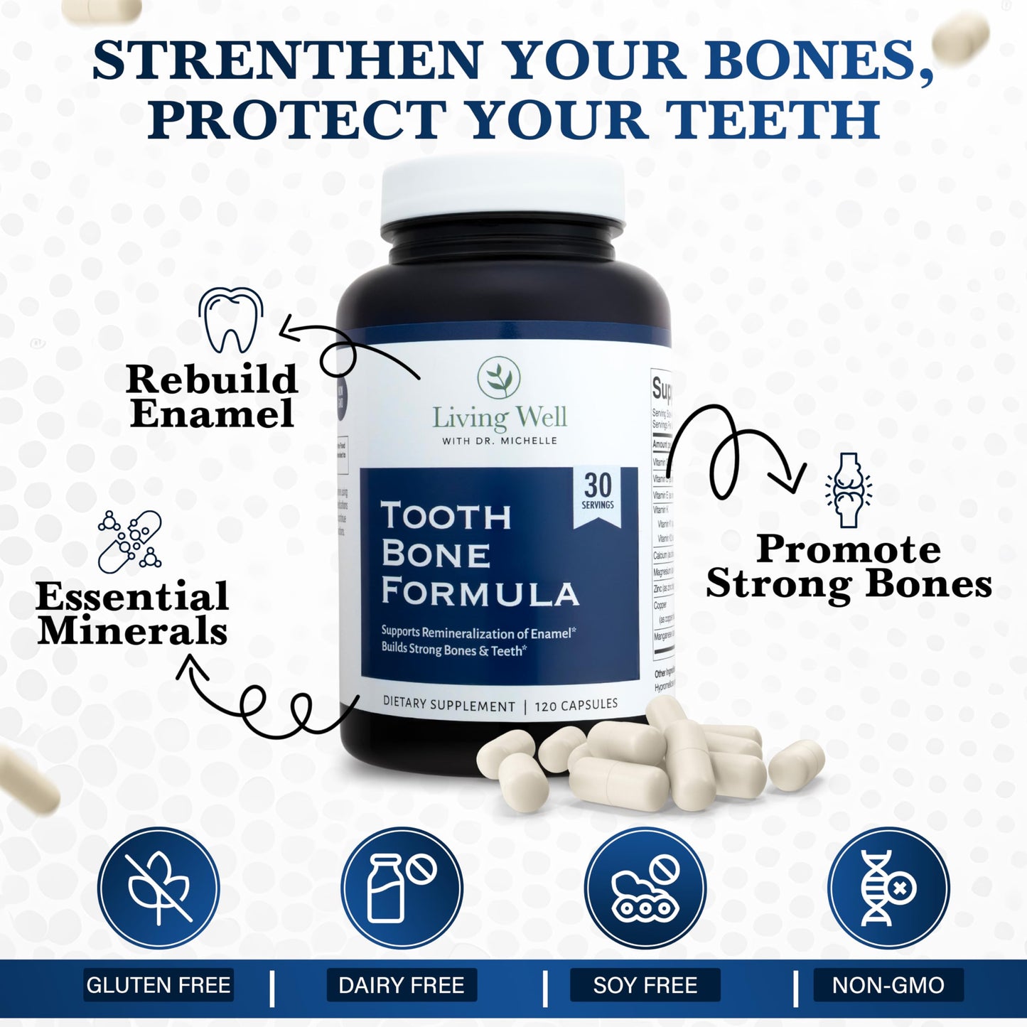 Living Well with Dr. Michelle Tooth & Bone Formula - Supplement with Calcium for Bone Strength & Tooth Enamel Support, D3 + K2, 120 Capsules, Non-GMO, Gluten-Free Living Well with Dr. MichelleBuy Supplements Australia