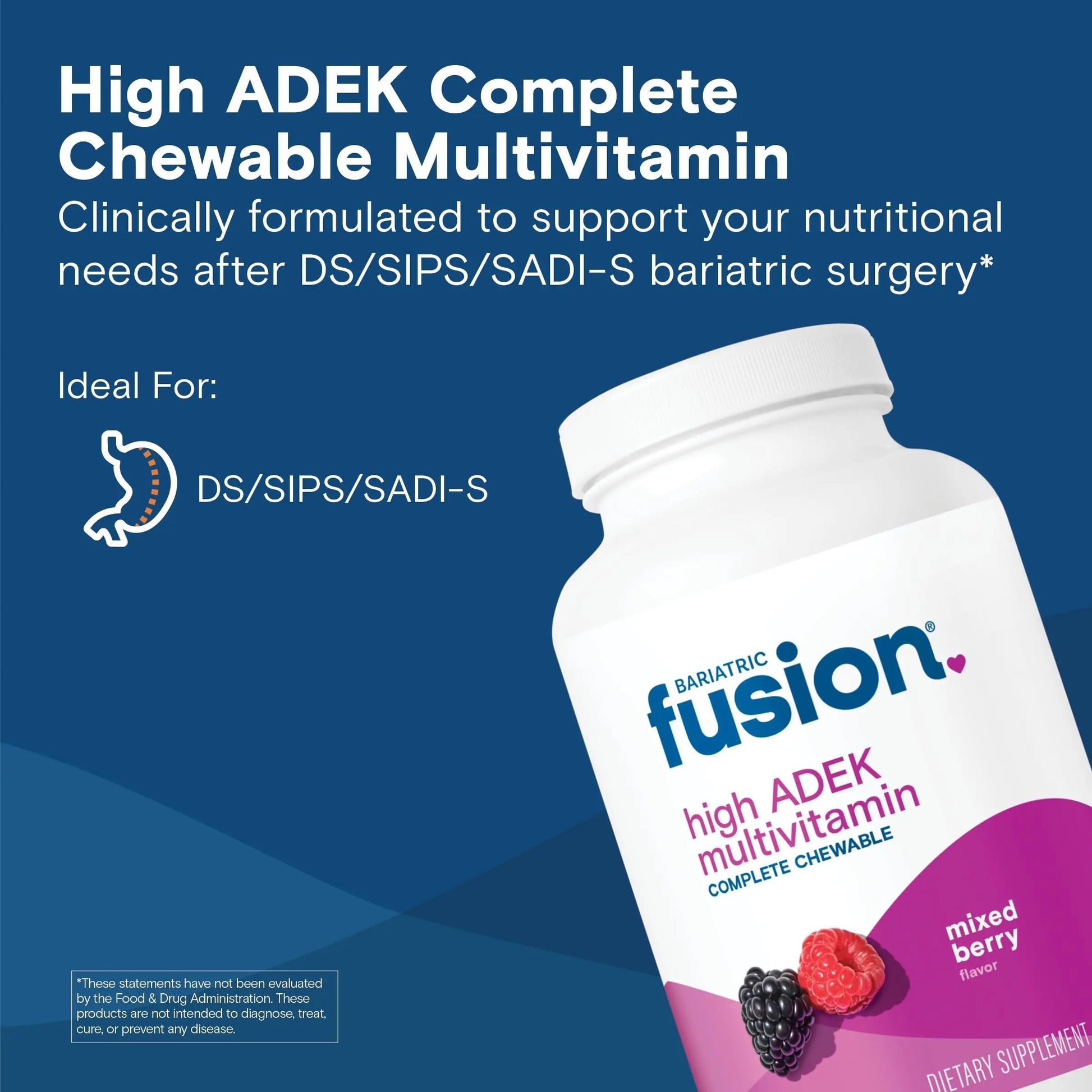 Bariatric Fusion Chewable Multivitamin with High ADEK Vitamins | Multi for Duodenal Switch Patients | Mixed Berry Flavored Tablets | Bariatric Fusion