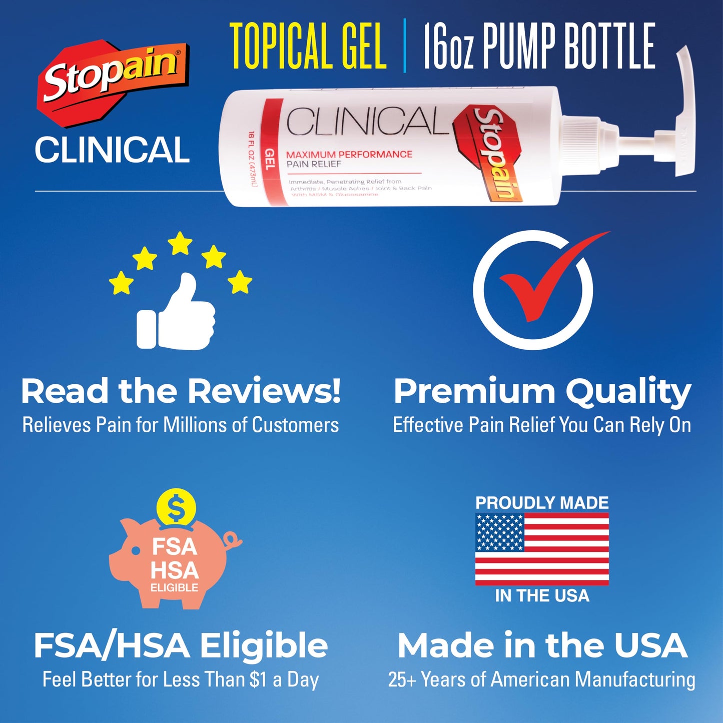 Stopain Clinical Pain Relief Gel 16 oz - Professional Formula for Arthritis, Knee, Back & Muscle Pain - Maximum Strength Gel for Joint & Nerve Pains with 10% Menthol Plus Glucosamine - Made in USA StopainBuy Supplements Australia