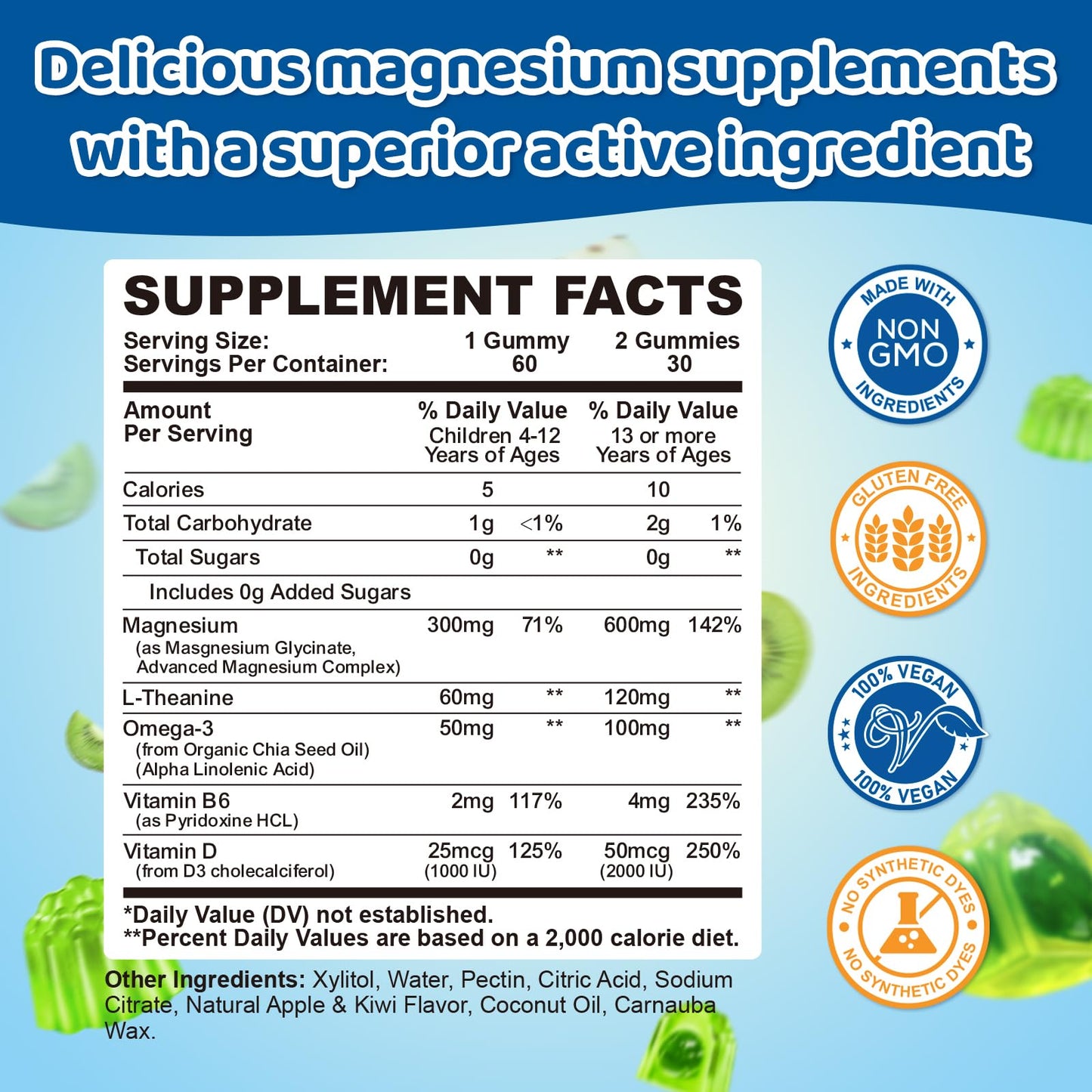 Center-Filled Magnesium Gummies for Kids 300MG - Magnesium Glycinate Gummies with L-theanine, Omega-3, Vitamin B6, D for Kids & Adults, Supplement for Sleep, Calm & Muscle Relaxation - Apple & Kiwi CNCHEFBuy Supplements Australia