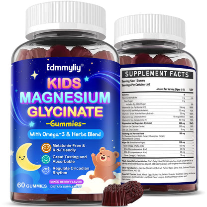 Kids Magnesium Glycinate Gummies - Magnesium Glycinate Supplement 200mg with L-theanine Omega-3 Calcium Vitamin D3 & B12 for Kids Natural Zzz at Bedtime & Overall Health