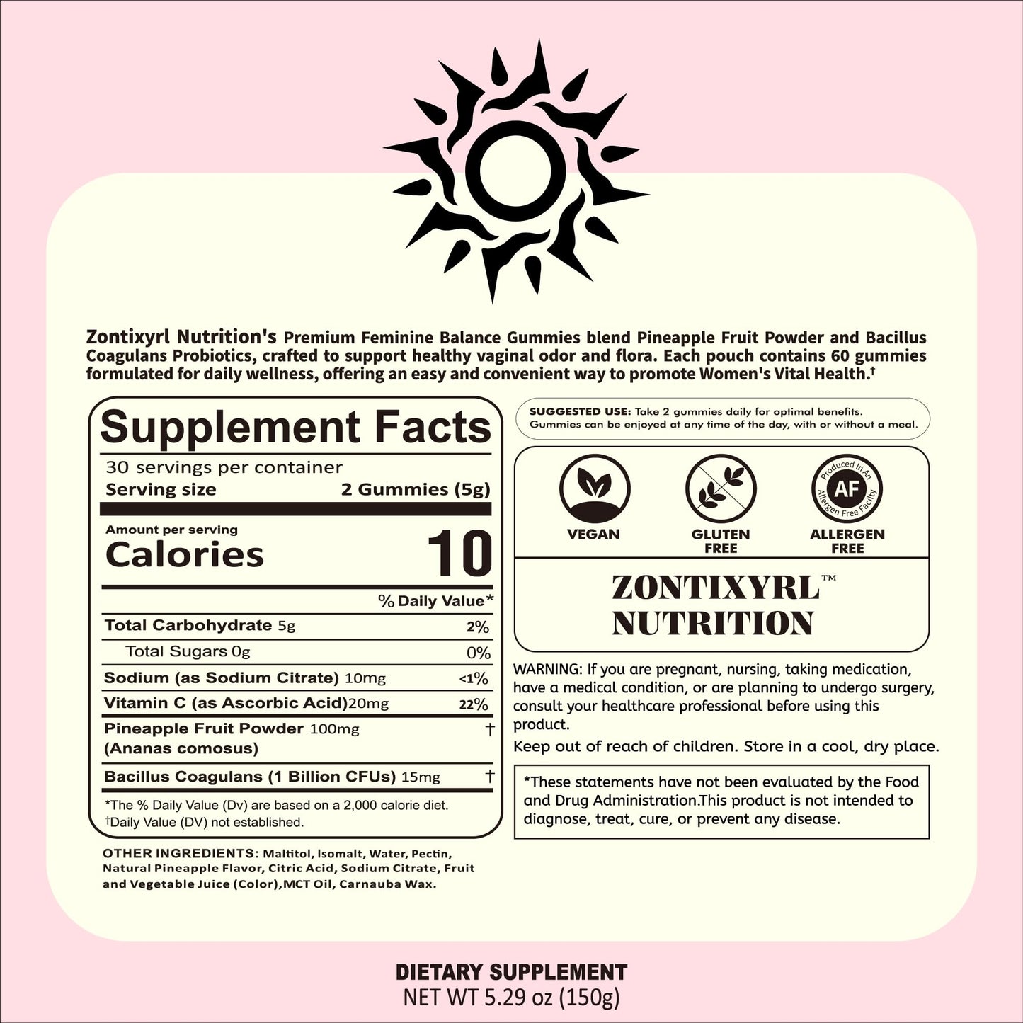 Zontixyrl Premium Feminine Balance Gummies Women - Pineapple Gummies for Women pH Probiotic and Immune Support Vegan Gluten Free 60 Gummies 30 Servings ZontixyrlBuy Supplements Australia