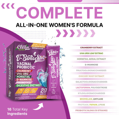 Clean Nutraceuticals Vaginal Probiotics for Women with Cranberry Extract, D-Mannose, Prebiotics, pH Balance for Women, Vaginal Health – Womens Probiotic Alternative to Gummies - 20 Stix Clean NutraceuticalsBuy Supplements Australia